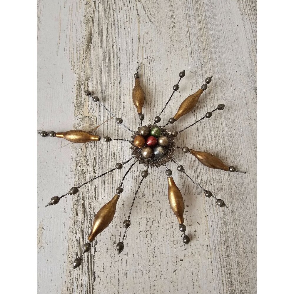 Antique Mercury glass snowflake star ornament glitter beaded large metal Xmas tr